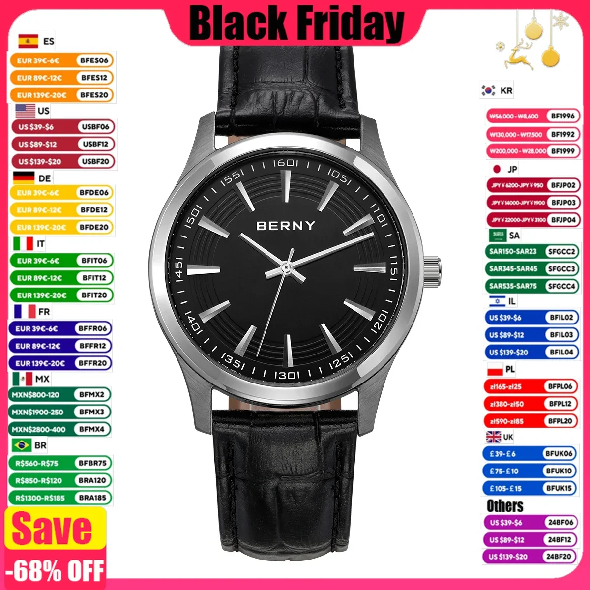 Reloj de cuarzo BERNY de negocios para Hombre, correa de cuero de moda Original, relojes de lujo para Hombre, Reloj de pulsera resistente al agua para Hombre