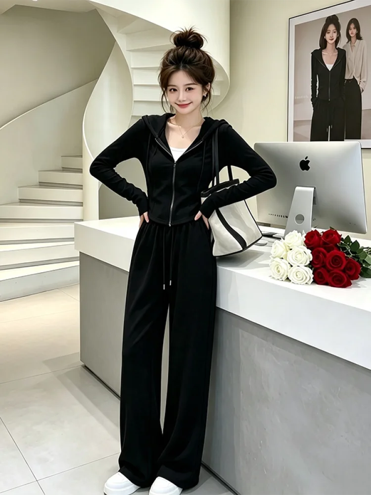 Casual Hoodie Sweatshirt And Wide Leg Pants Women's Fashion Set Korean Style Versatile Spring Autumn New Arrival Breathable