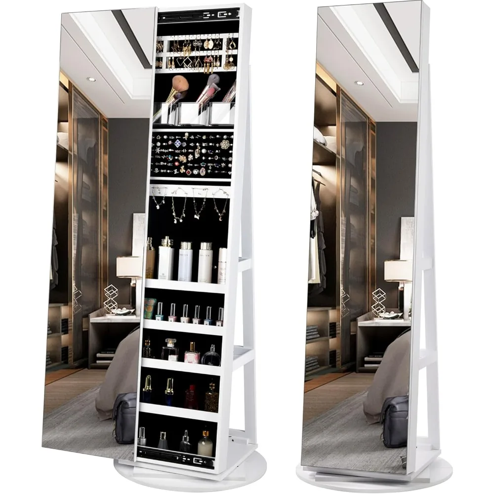 Standing Jewelry Armoire,6 LEDs Lockable Mirror,360° Swivel,Frameless Full-Length Mirror,3 Storage Shelves,mirror Cabinets