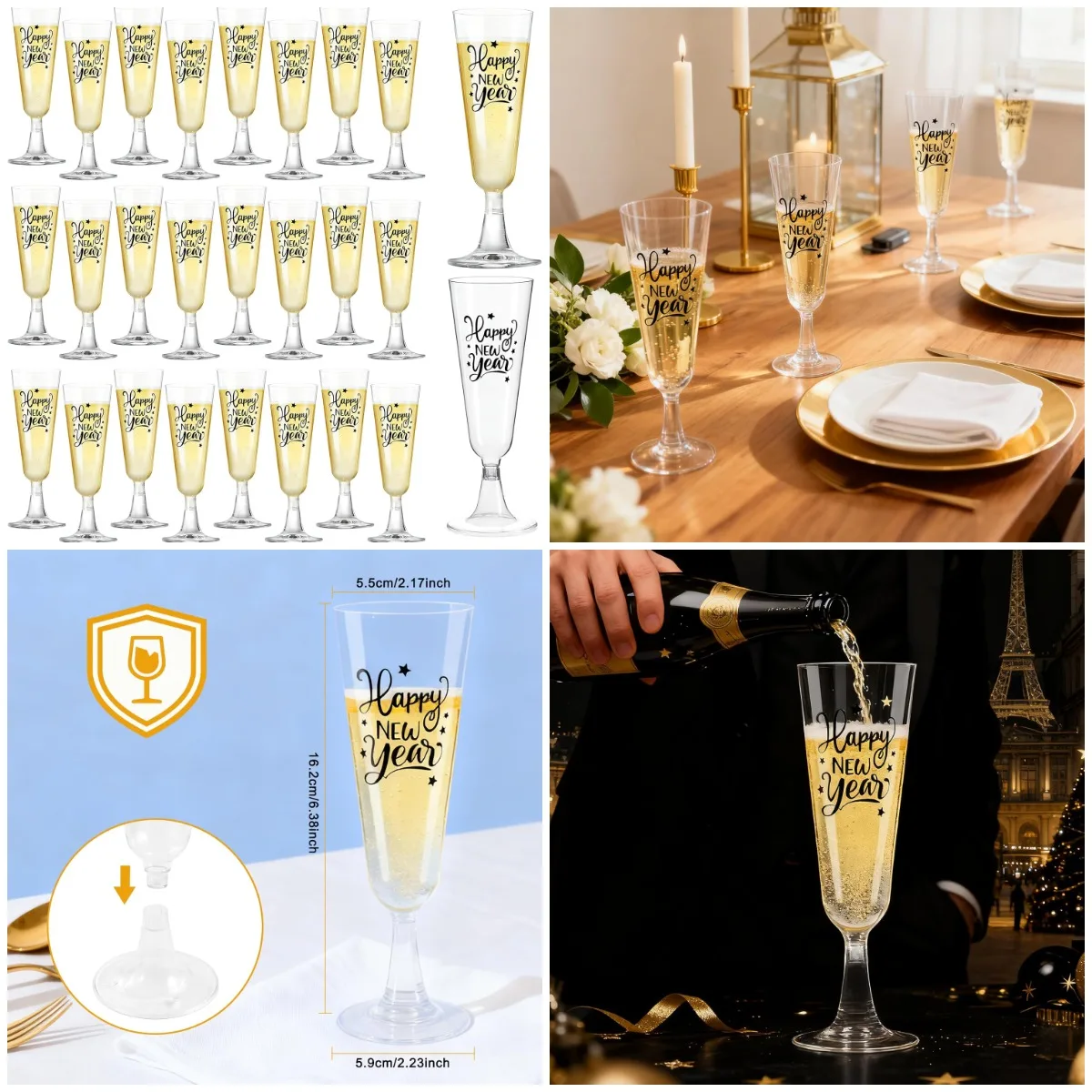 

24-Pack 5 oz Disposable Champagne Flutes, Clear Shatterproof New Year's Party Cups, Happy New Year Toasting Glasses Bulk