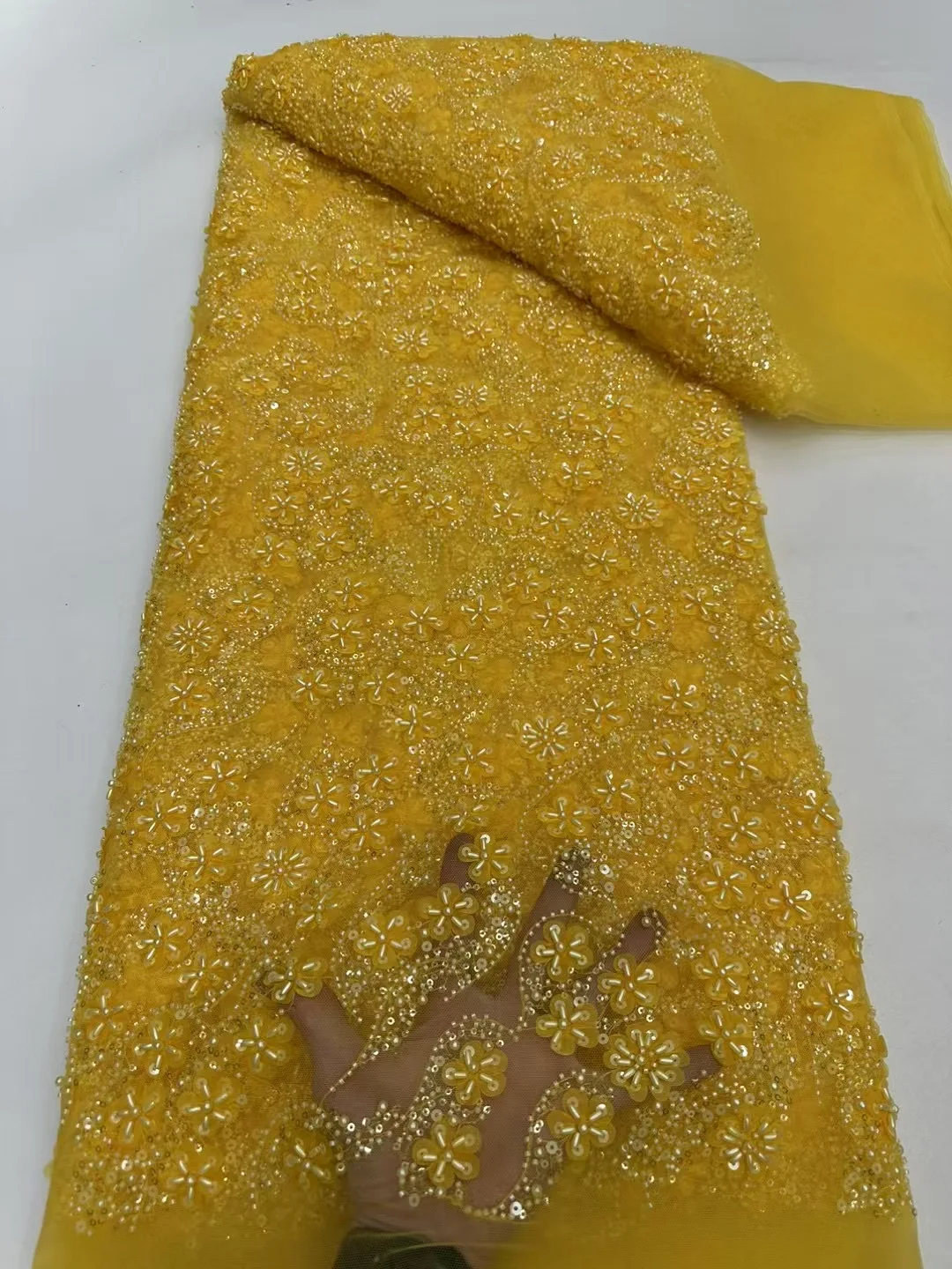 

2025 African Nigerian High-Quality Sequins Tulle Lace Fabric for Prom Dresses Beads Embroidery Sewing Net Cloth C337 5Yard