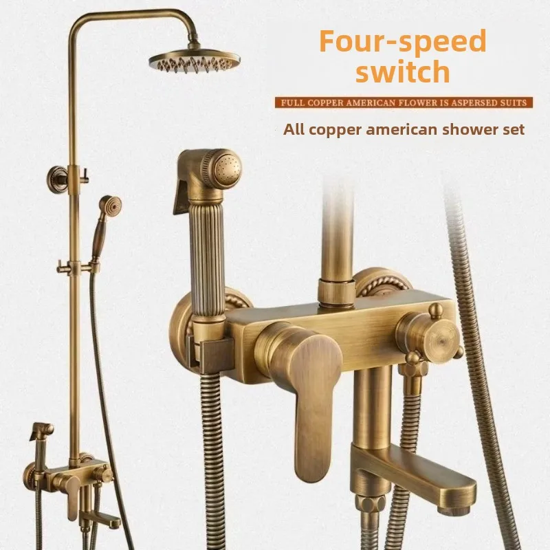 Antique Brass Shower Faucet Set Wall-Mounted Shower Kit with Dual Knobs Handheld Spray Bathtub Mixer Tap Bathroom Upgrade