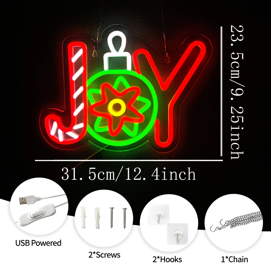 Christmas JOY LED Neon Sign, Multicolor Candy Cane Bauble Neon Light USB Powered, Xmas Holiday Wall Decoration for Bar Party