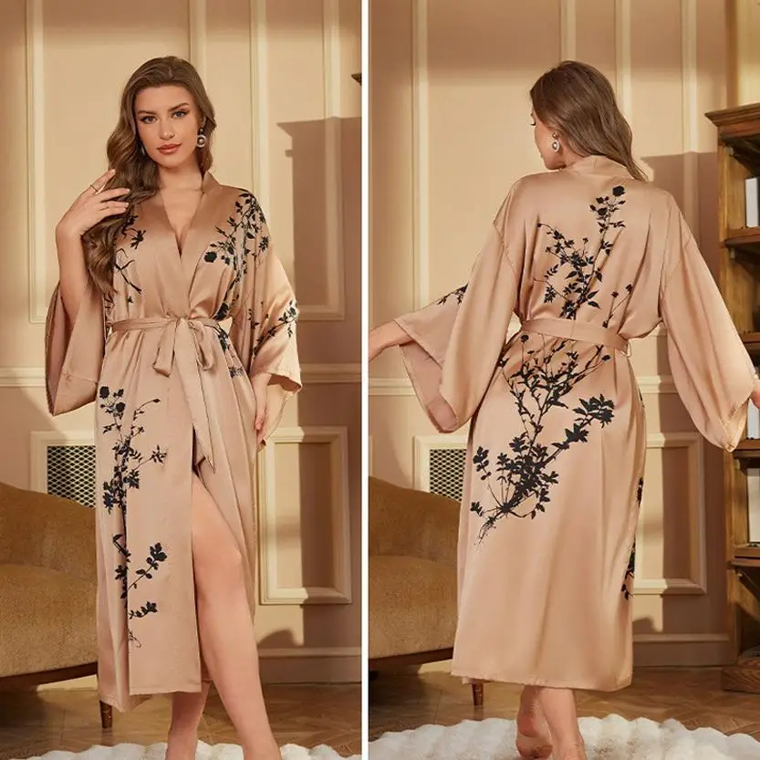 

Sexy Large Size Silk Robe Spring Summer Extended Length Simulation Silk Robe Women's Home Clothes Nightgown Spwear