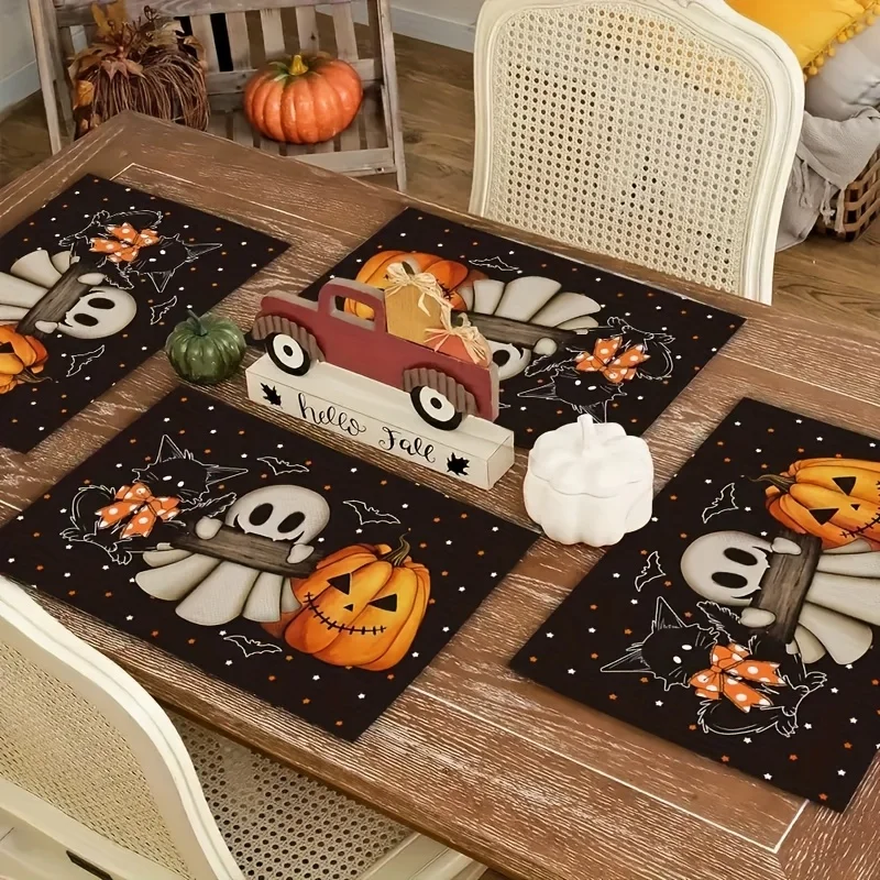 VIKAMA 4/6/8/10Pcs Halloween Daisy Pumpkin Black Cat Bat Pattern Placemats For Home Kitchen And Dining Room Decoration