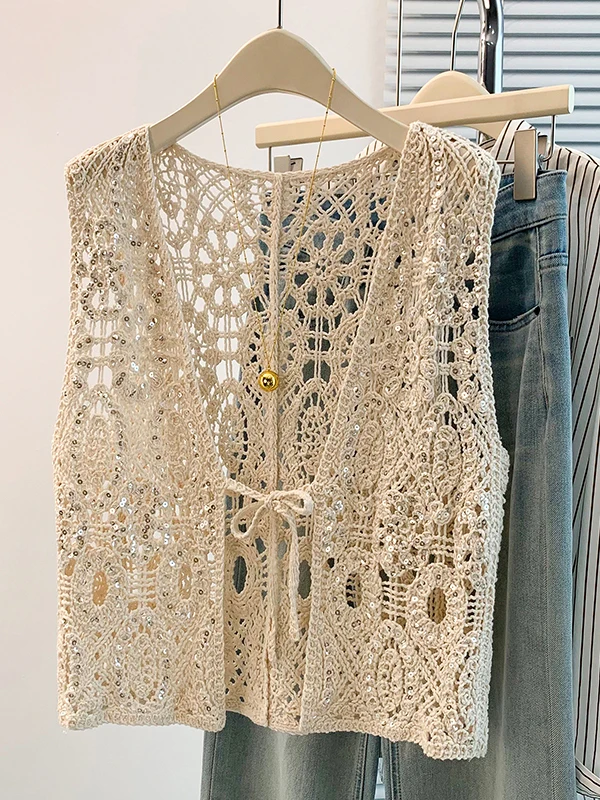 Authentic Bohemian Summer New Style Hollow out Hook Flower Sequin Open Cardigan Vest Top Women's Casual Fashion Cotton Blend