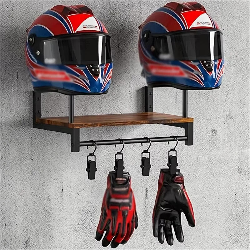 

Wall Mounted Motorcycle Helmet Rack Gloves Jacket Motorcycle Equipment Display Stand with Clips, Versatile Wooden Storage Rack