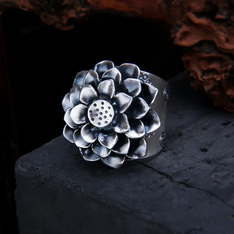 

Uglyless 28MM Super Big Blooming Lotus Rings for Women 3D Exaggerated Thai Silver Floral Jewelry 925 Silver Little Flower Ring
