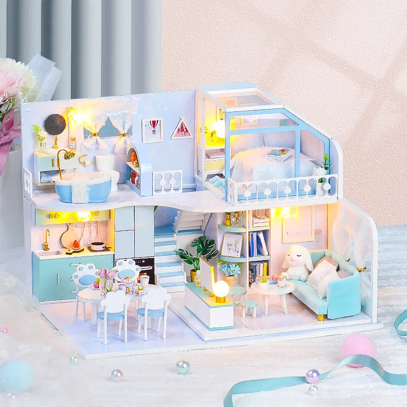 Diy Wooden Doll House Kit Miniature With Furniture Led Light Casa Room Model Dollhouse Toys For Grown-up Children Birthday Gift