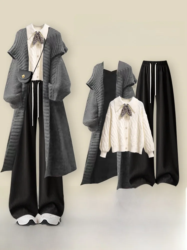 

Осенне-зимний вязаный длинный свитер, пальто, комплект футболок, женское винтажное пальто Ele Ambiance Feel Car, ансамбль