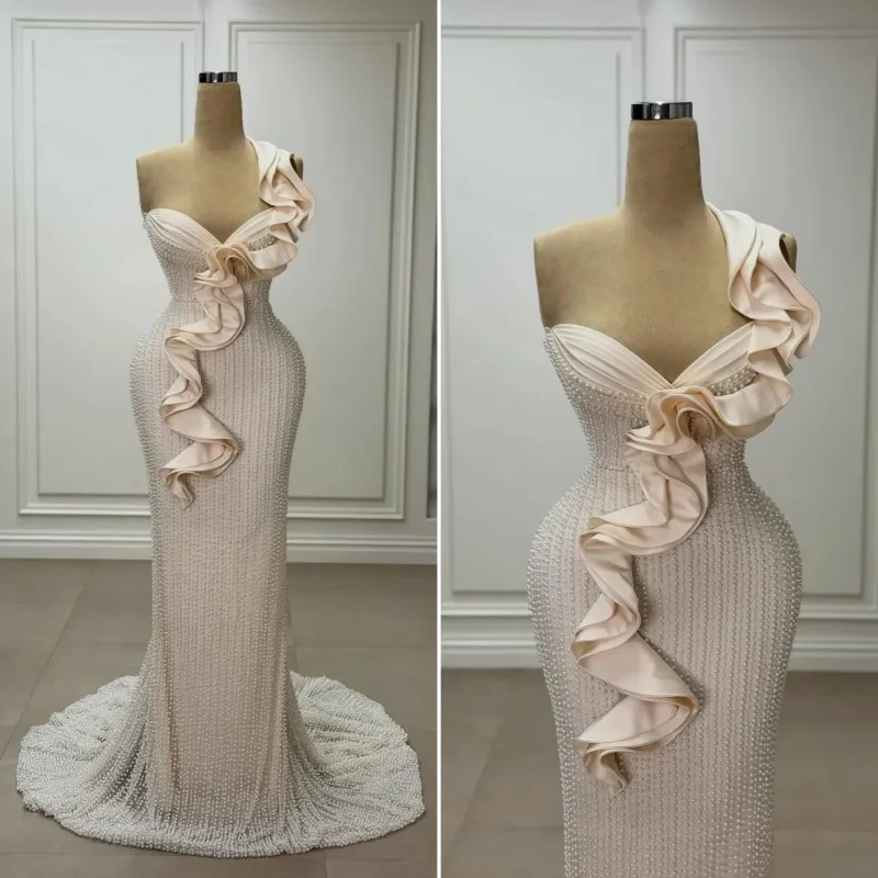 

Luxury Full Pearl Beaded Mermaid Evening Dresses Strapless Sculptural Satin Ruffles Prom Gown Champagne Bridal Dress Customized