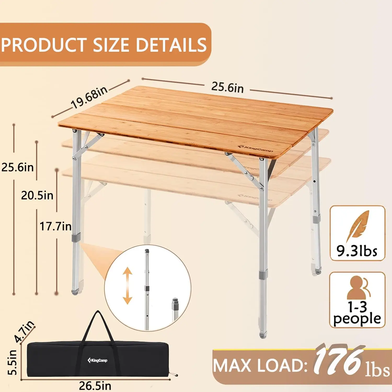 Lightweight Stable Folding Camping Table Bamboo Outdoor Tables Adjustable Height Portable Picnic