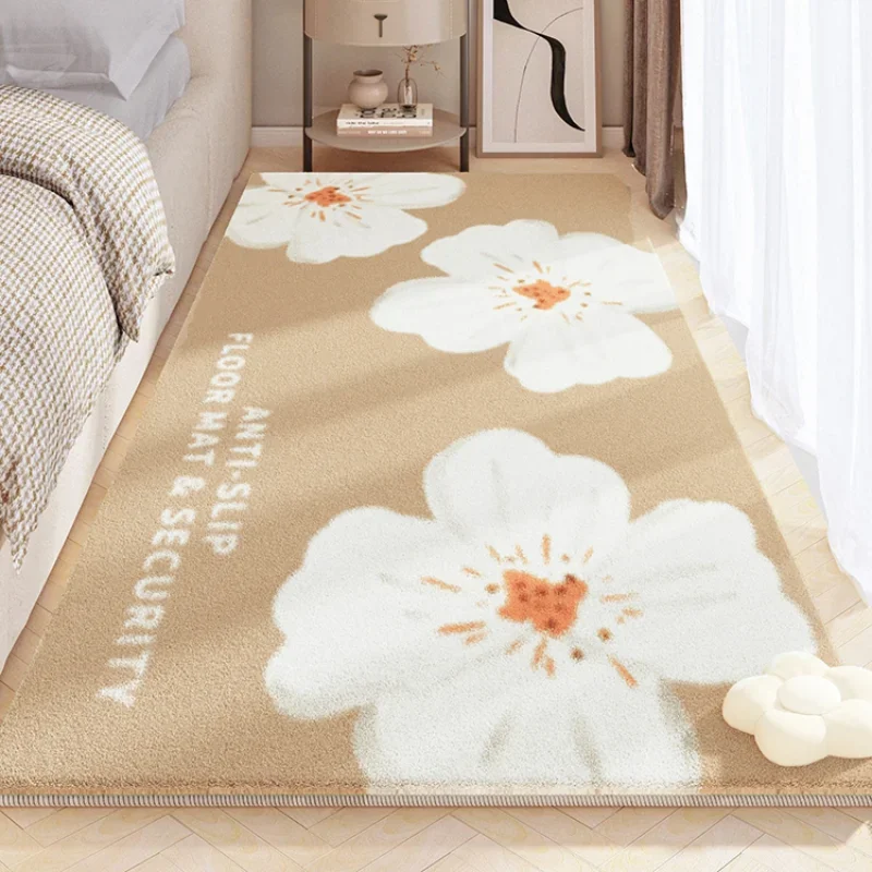 Modern Simple Flower Bedside Carpet Bedroom Strip Waterproof Non Slip Carpets Living Room Large Area Thickened Cream Style Rug