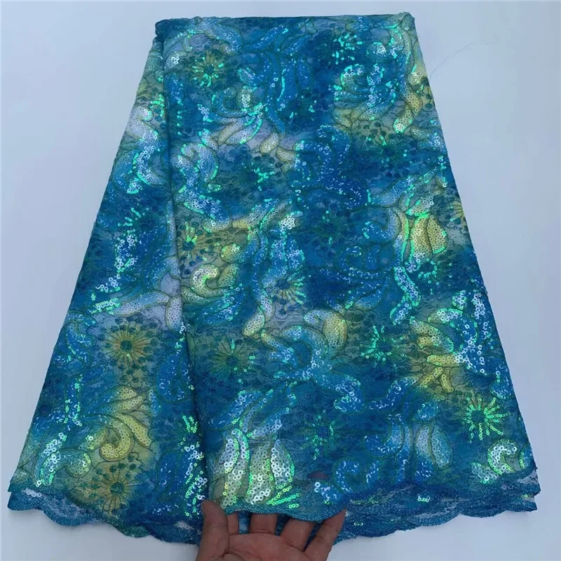 

5 Yard Hot Selling French Lace With Sequins African Tulle Cord Guipure Lace Net Embroidered Fabric For Wedding Party PSJF1081