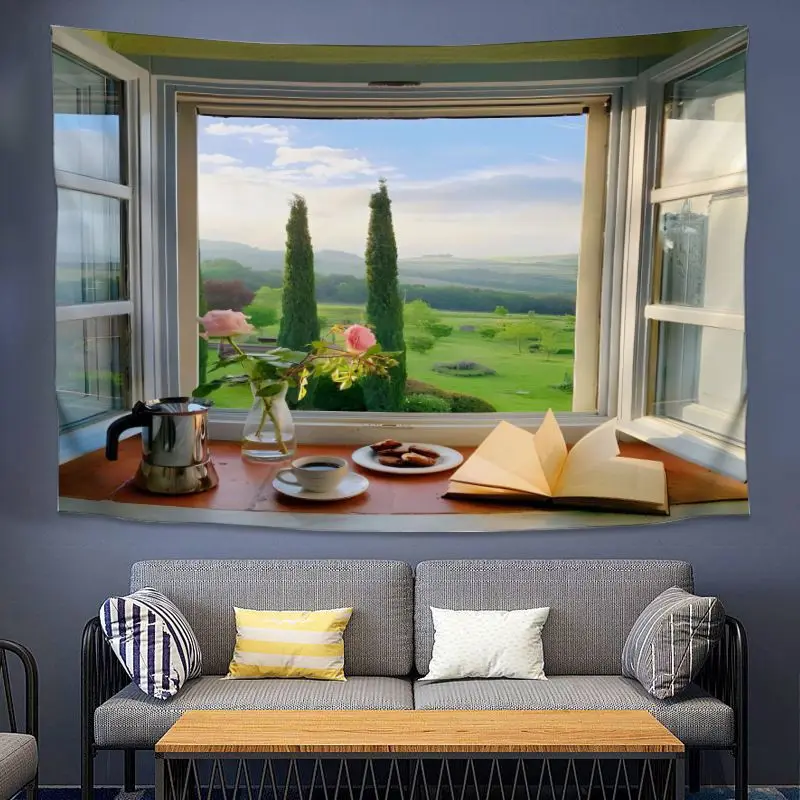VIKAMA 3D Optical Illusion Window Tapestry Rustic Sill Scene Wall Hanging Cozy Bedroom Ins Style Polyester Home Decor