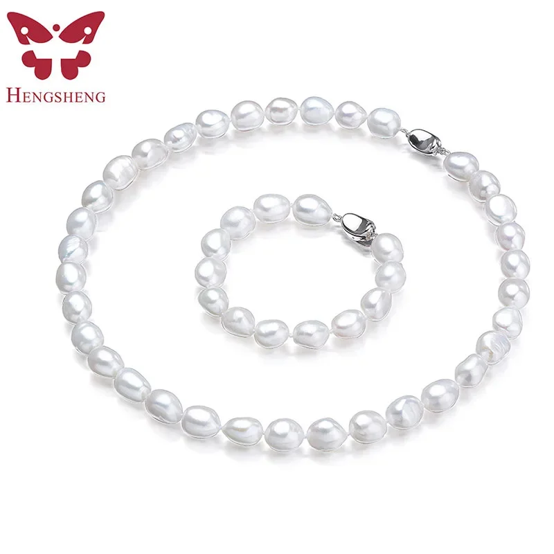 HENGSHENG Real White Natural Baroque Pearl Necklace&Bracelet Jewelry Sets 7-8mm Freshwater pearl Jewelry For Women Gift New.