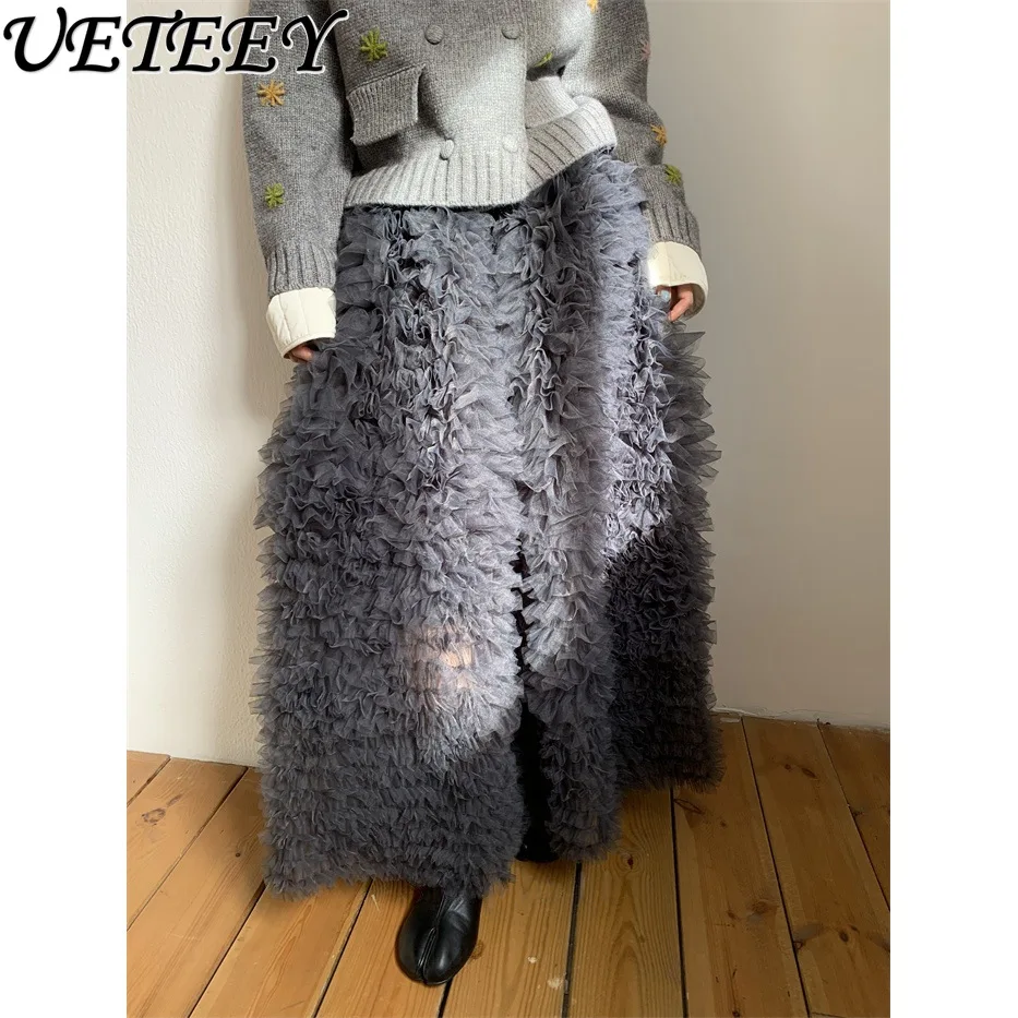 

Длинная юбка-пачка в французском стиле с асимметричной сеткой, пышными элементами, мелкими складками и высокой талией, коллекция Весна/Лето 2026