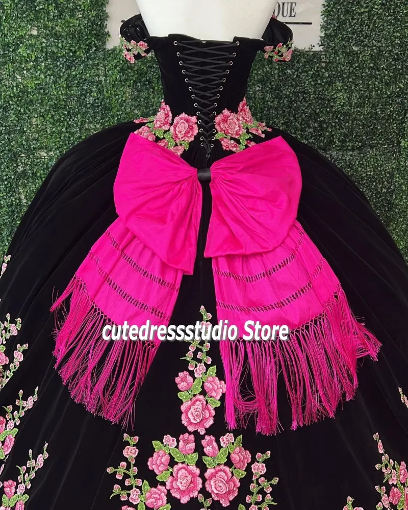 Charro floral quinceanera vestidos com arco apliques mexicano meninas aniversário formatura vestir veludo vestidos de xv años