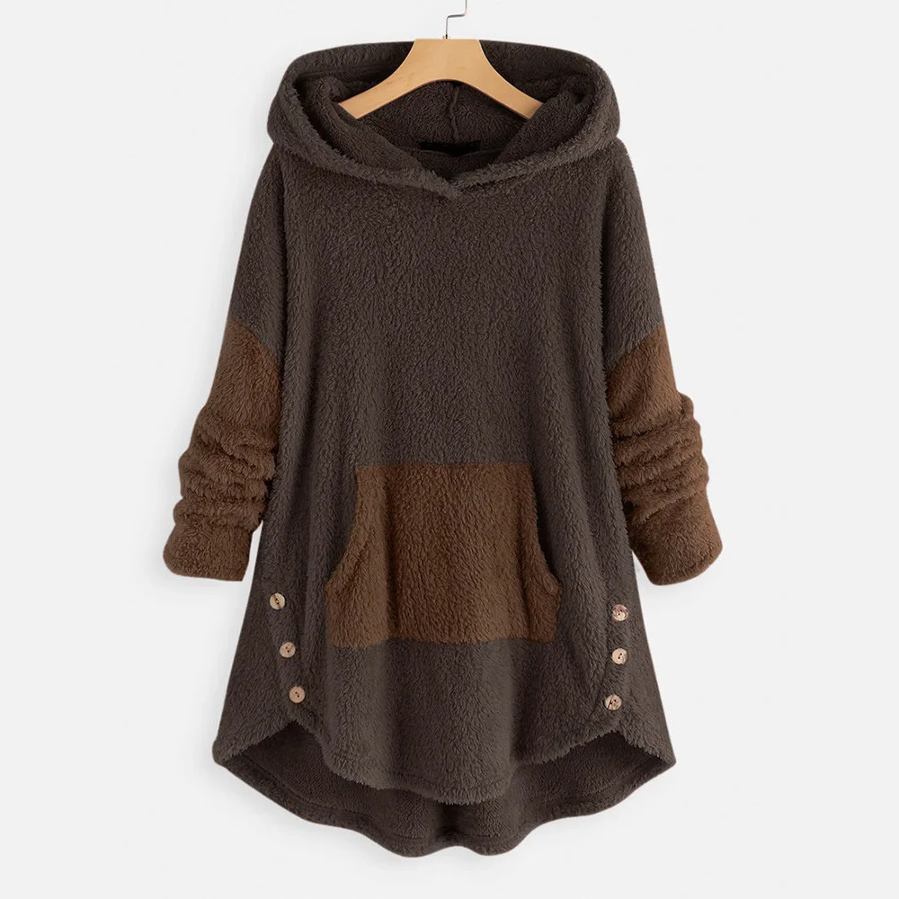 2022 Winter mäntel Kapuze Fleece flauschigen Knopf warm gepolsterte Jacke Frauen lässige Tasche einreihige feste Hoodie