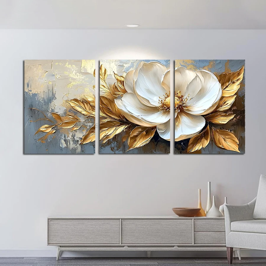 

Abstract White Flowers Golden Leaves Picture Diy Diamond Art Painting Triptych Floral Full Mosaic Embroidery Kits 3 Pieces/Set