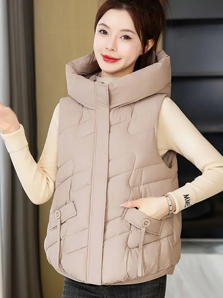 Vielleicht New 2024 Autumn Winter Puffer Vest Women Loose Hooded Sleeveless Short Vest Jackets Cotton Padded Winter Waistcoat