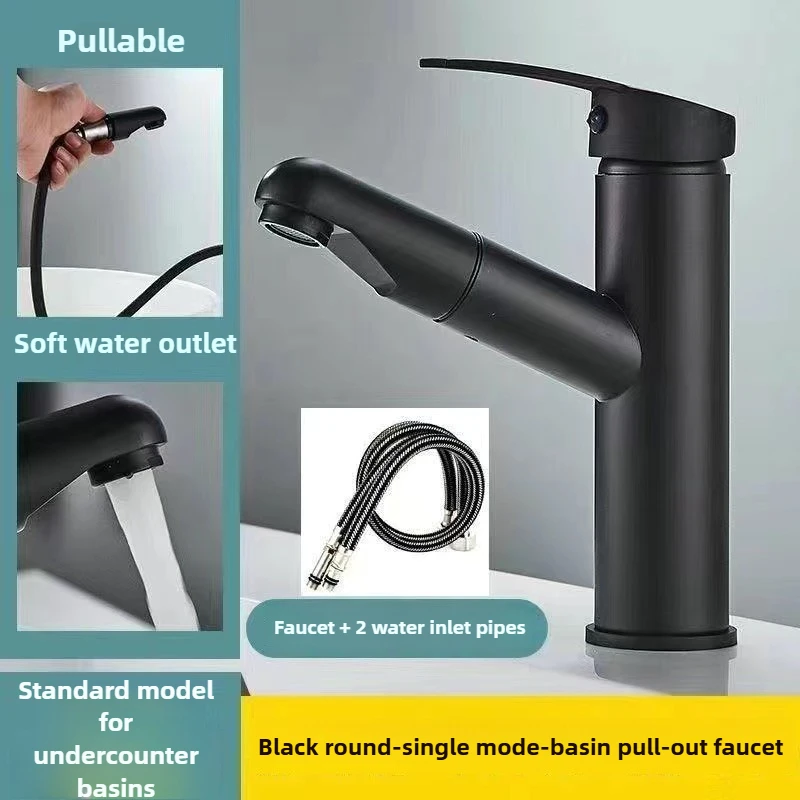 Single Outlet Mode, Single Handle Pull-out Bathroom Sink Faucet, Hot and Cold Water Countertop Installation Faucet