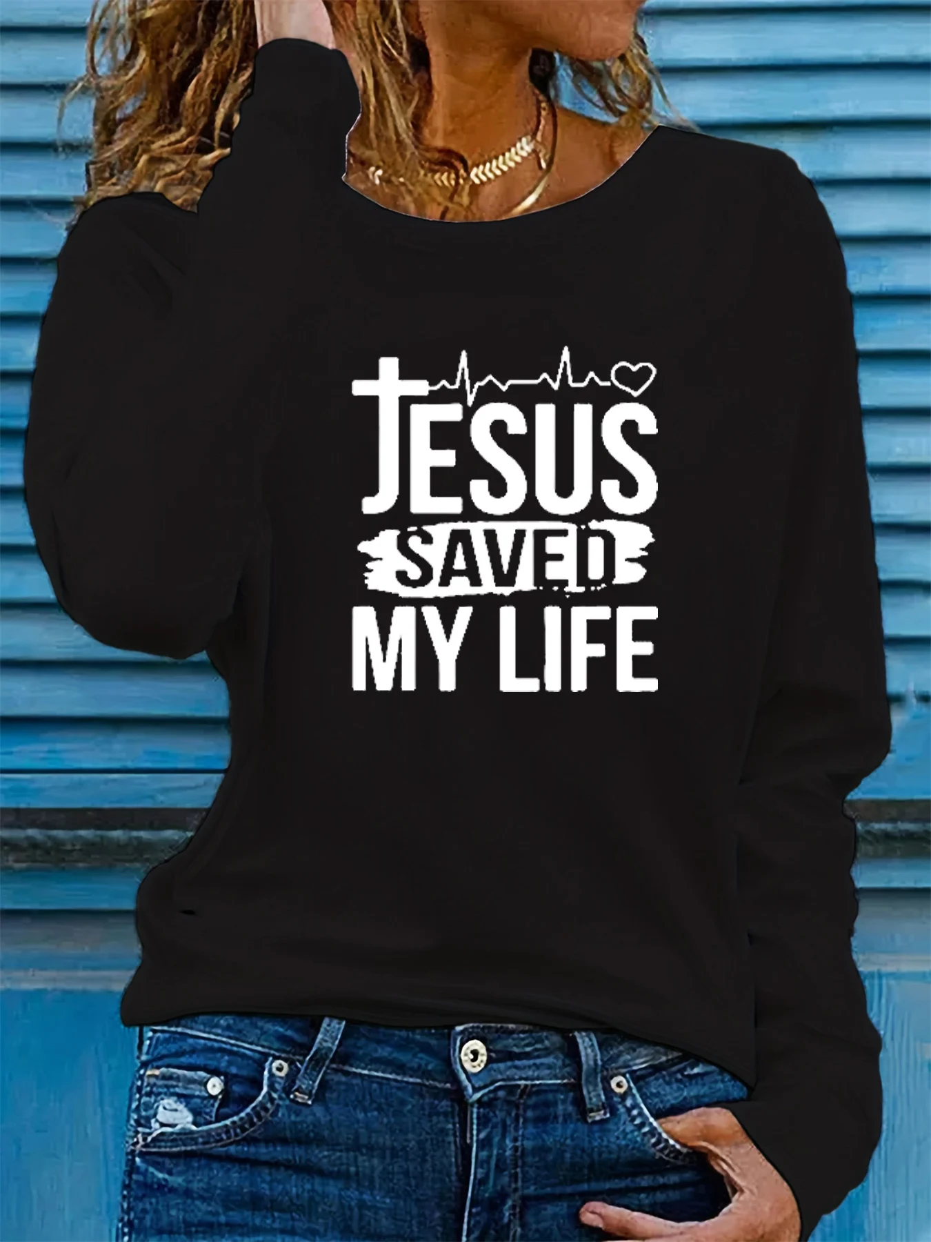 100% Pure Cotton Women's Spring and Autumn Comfortable Casual Long-Sleeved Jesus Letter Printed Round Neck T-Shirt