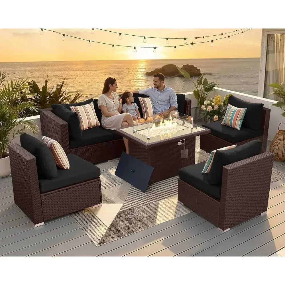 7 Piece Outdoor Patio urniture Set with ire Pit Table Natural Gas/Propane, Tall Wide Deep Sectional Couch Soa or Outside, 29.3''
