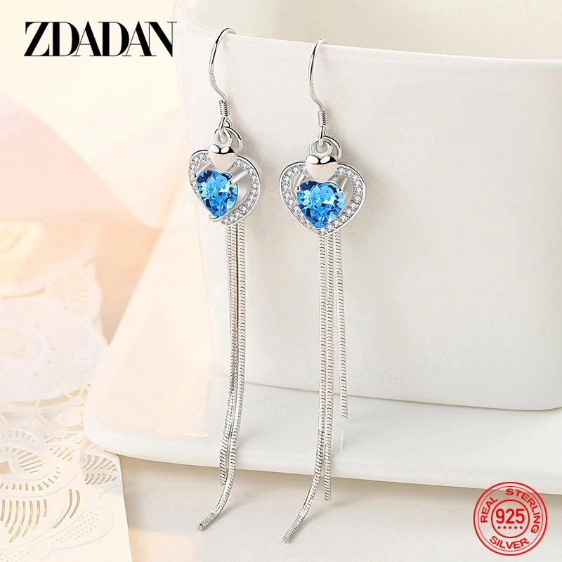 

ZDADAN 925 Silver Heart Zircon Long Drop Earrings For Women Wedding Jewelry