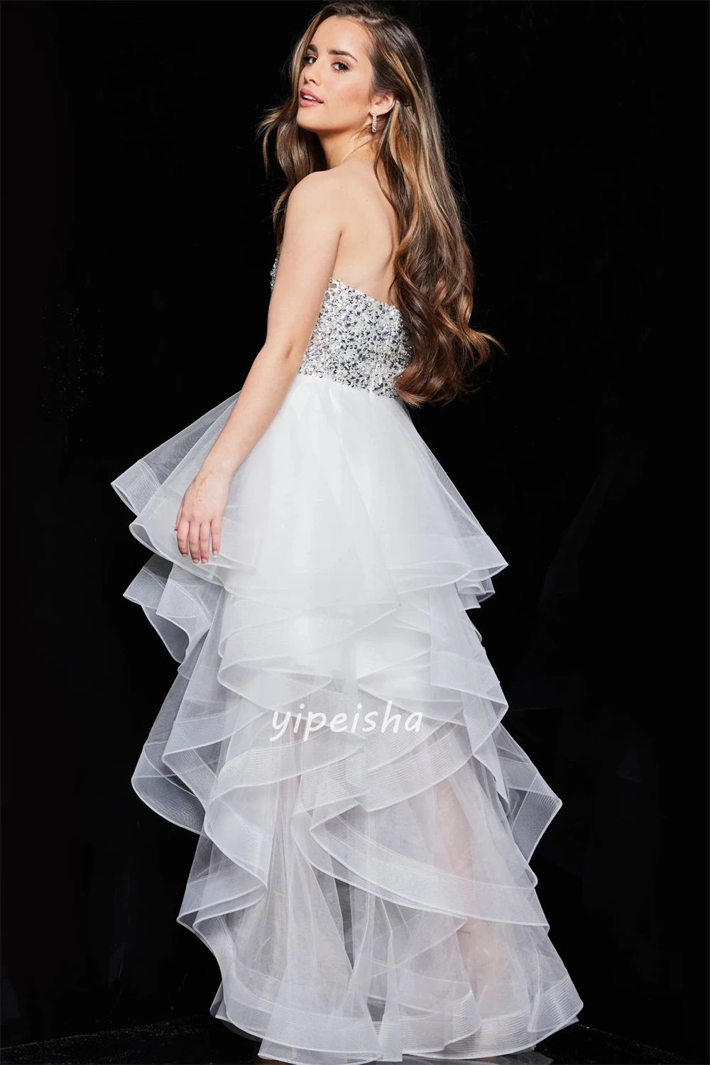 Customized Sparkle Modern Style Tulle Sequined Beading Ruched A-line Strapless Long Dresses Evening Dresses Sizes Available Sexy