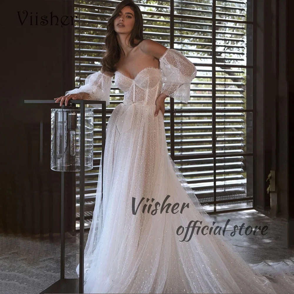 

Viisher White Sparkly Wedding Dresses Soft Tulle Bone Corset Sweetheart Bohemian Wedding Bride Dress Half Sleeve