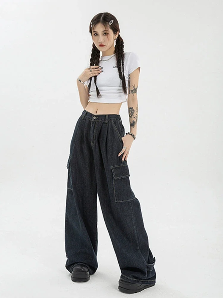 Autumn Women Harajuku Cargo Baggy Blue Jeans Streetwear Hip Hop Oversize Casual Wide Leg Vintage Demin Pants  Loose Trousers