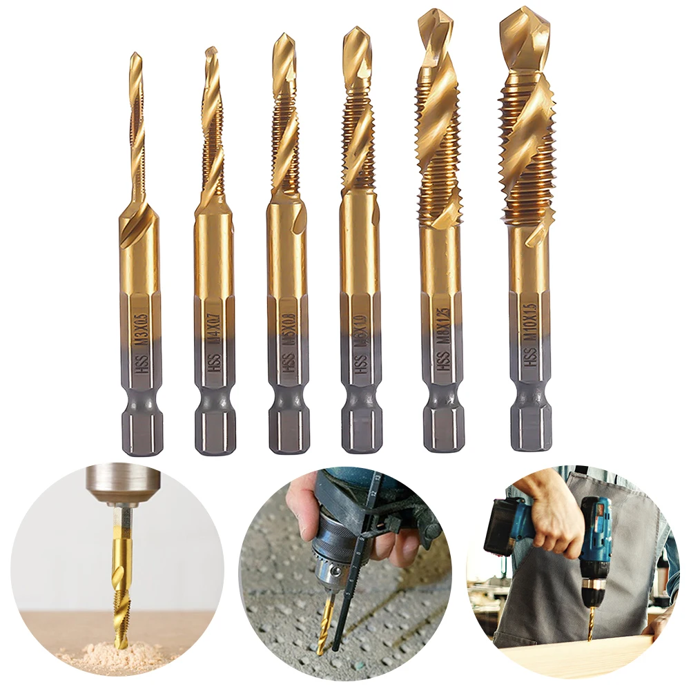 6pcs M3-M10 Combination Drill Tap Bit Set HSS Screw Tapping Bit Hex Shank Metal Drill Bit Set Woodworking Tools