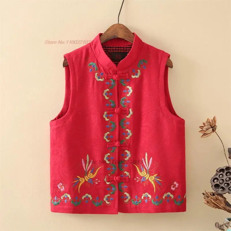 

2024 ethnic flower embroidery vest chinese traditional gilet oriental stand collar waistcoat national jacket tang suit vest