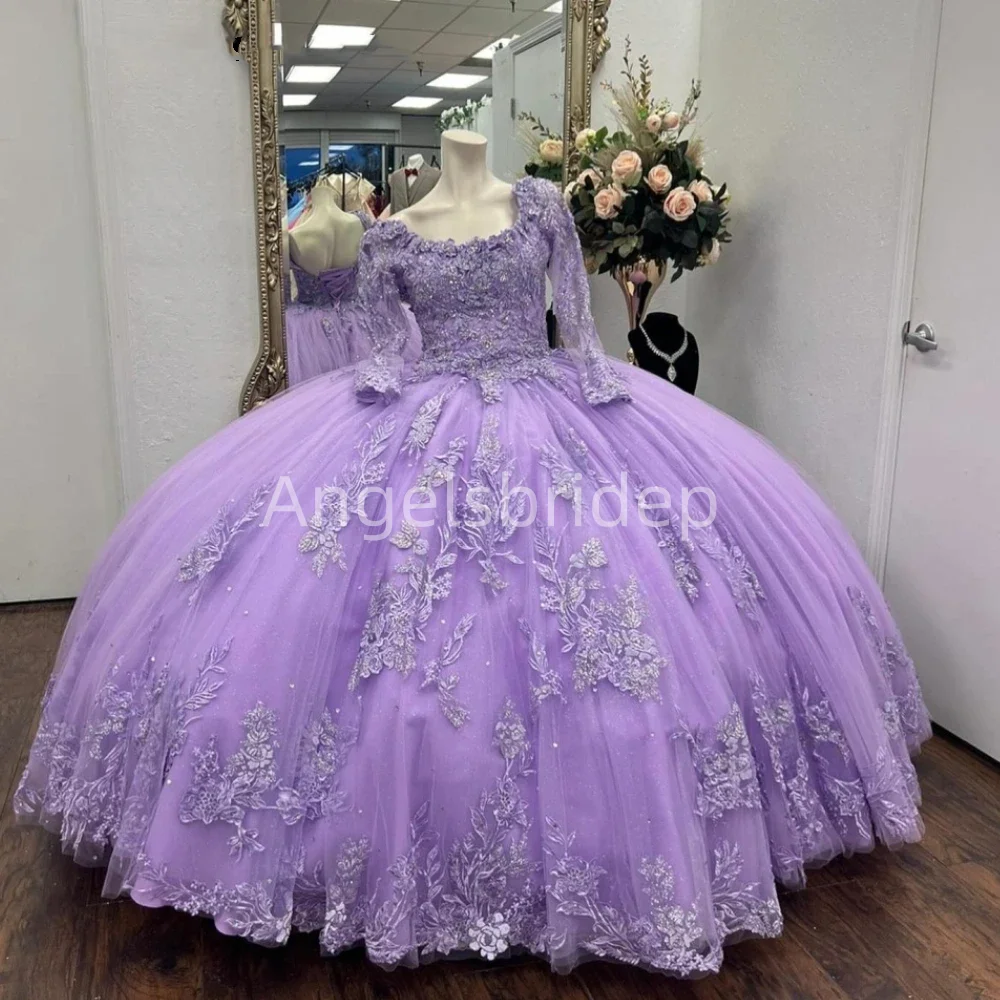 

Angelsbride 2025 Lace Long Sleeves Crystals Ball Gown Quinnceanera Dresses With Beading Lavender Vestidos De 15 Anos