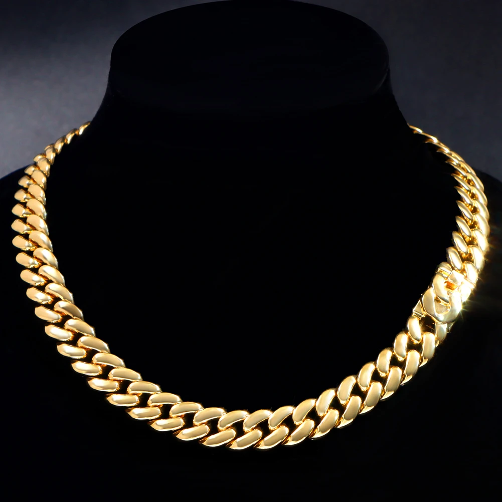 Hip Hop Golden Curb Miami Cuban Link Chain Necklace Bracelet For Men Women 13MM Chunky Metal Chain Cuban Necklace Set Jewelry