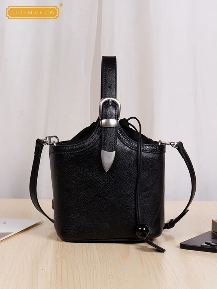 

2025 New Ladies Vintage Bucket Bag Genuine Leather Tote Handbag Single Shoulder Versatile Casual Office Underarm Crossbody Bag