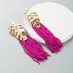 Statement Long Fuchsia Beads Tassel Gold Leaf Drop Earrings for Women