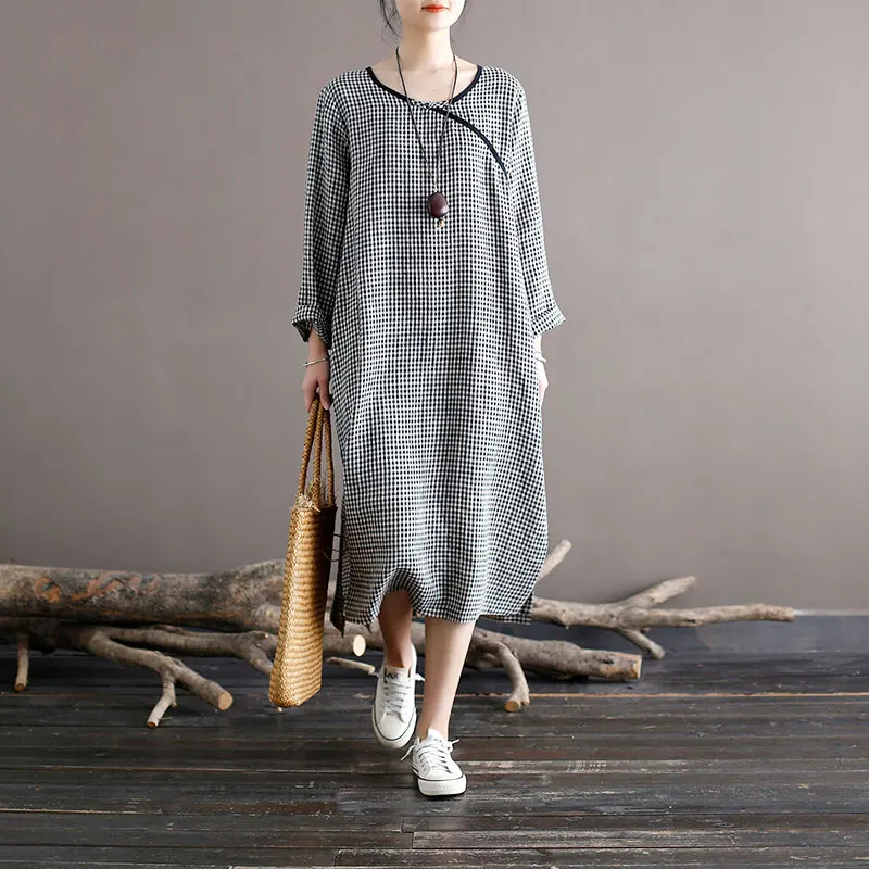 

Retro Chinese Sle Long Sve Dr Bla White Gingham A-Line Midi Dr Women's Loose Waist Linen Dr Spring Autumn