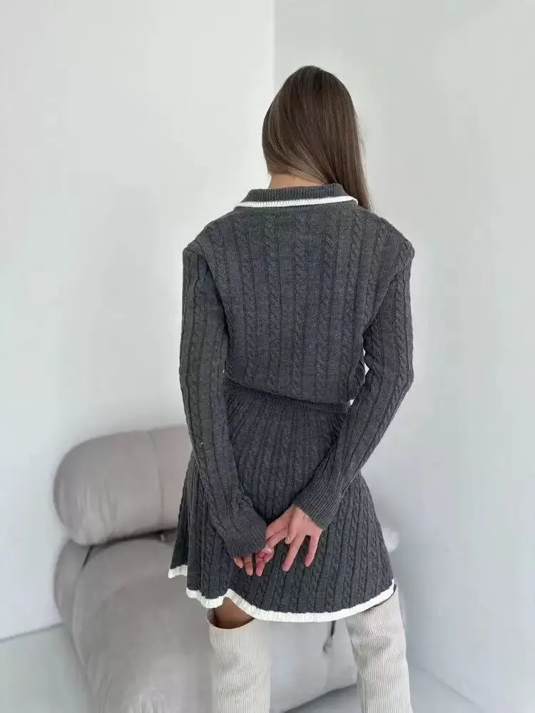 Autumn Winter Solid Fashion 2 Piece-Set Women Color Contrast Long Sleeve Lapel Pullover and High Waist Mini Skirt Casual Outfits