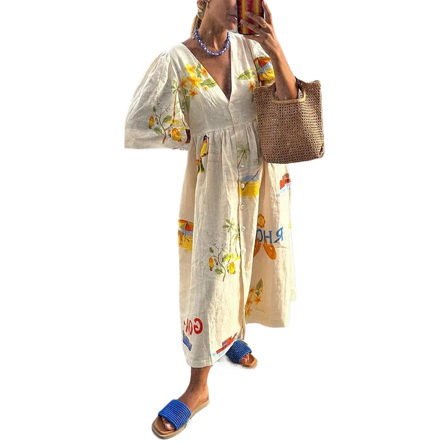 

Fashion Print Dresses Women Trendy Puff Short Sleeves Single-breasted Casual Beach Vacation Loose Long Dress Summer New Vestidos