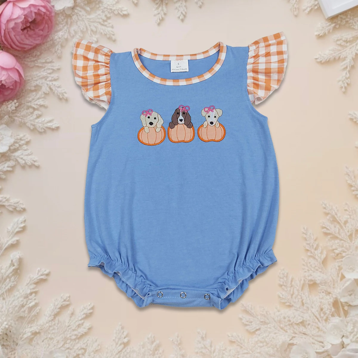 

Hot Sale New Arrival Cute Baby Girls Thanksgiving Fall Romper Kids Embroidery Dogs Pumpkins Flutter Sleeves Jumpsuit 0-2years