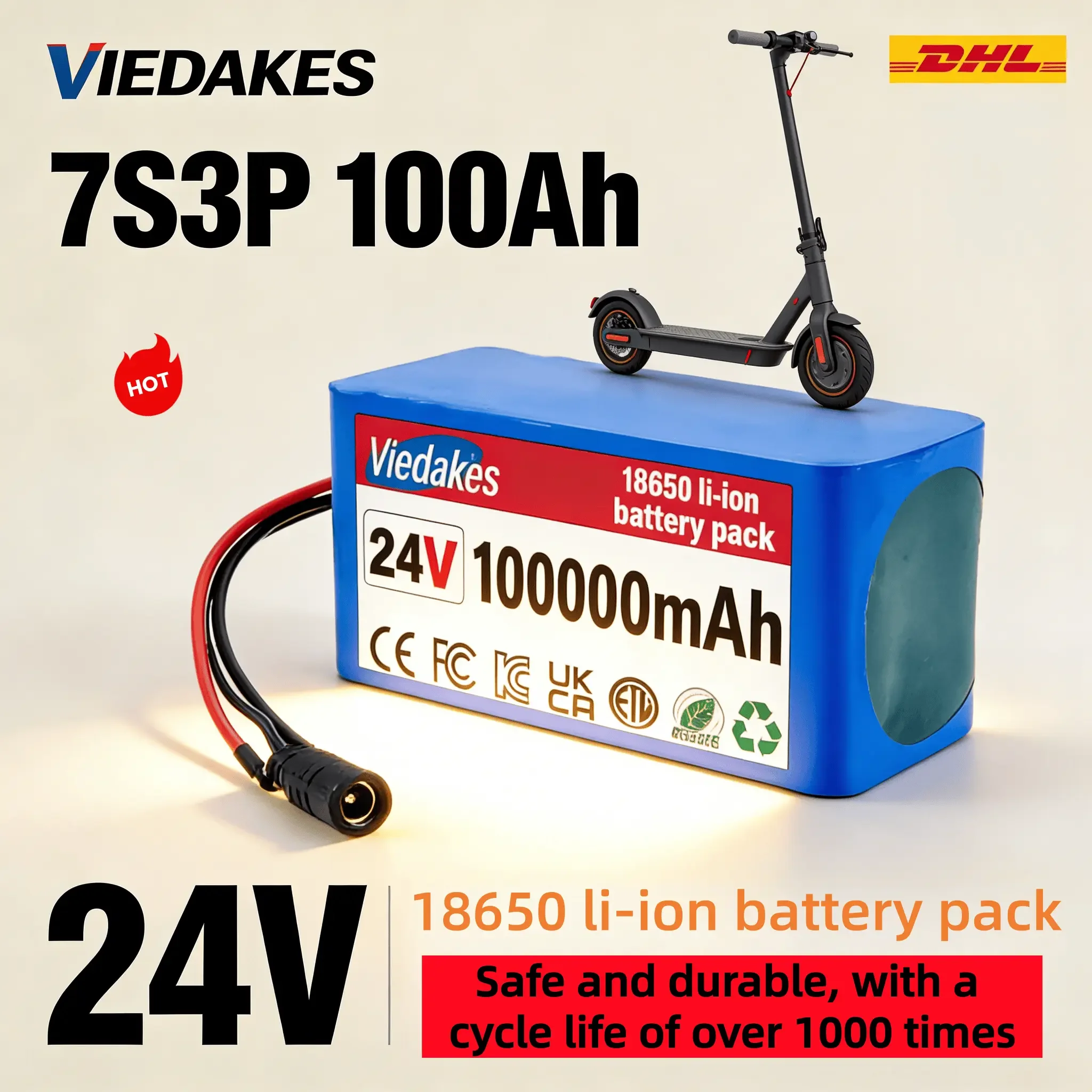 

VEDAKES 24V 10Ah Lithium Battery with Charger for Wheelchair and DIY Electronic Projects