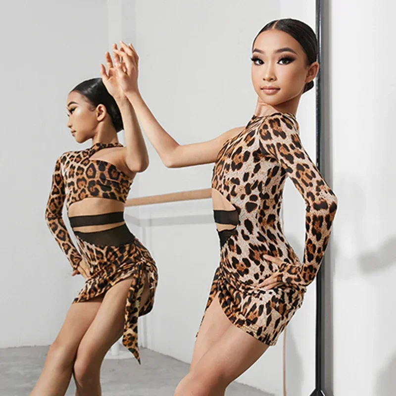 Girls Leopard Latin Dance Dress One-Sleeves Performance Costume Cha Cha Samba Dance Practice Clothing Kids Latin Dress