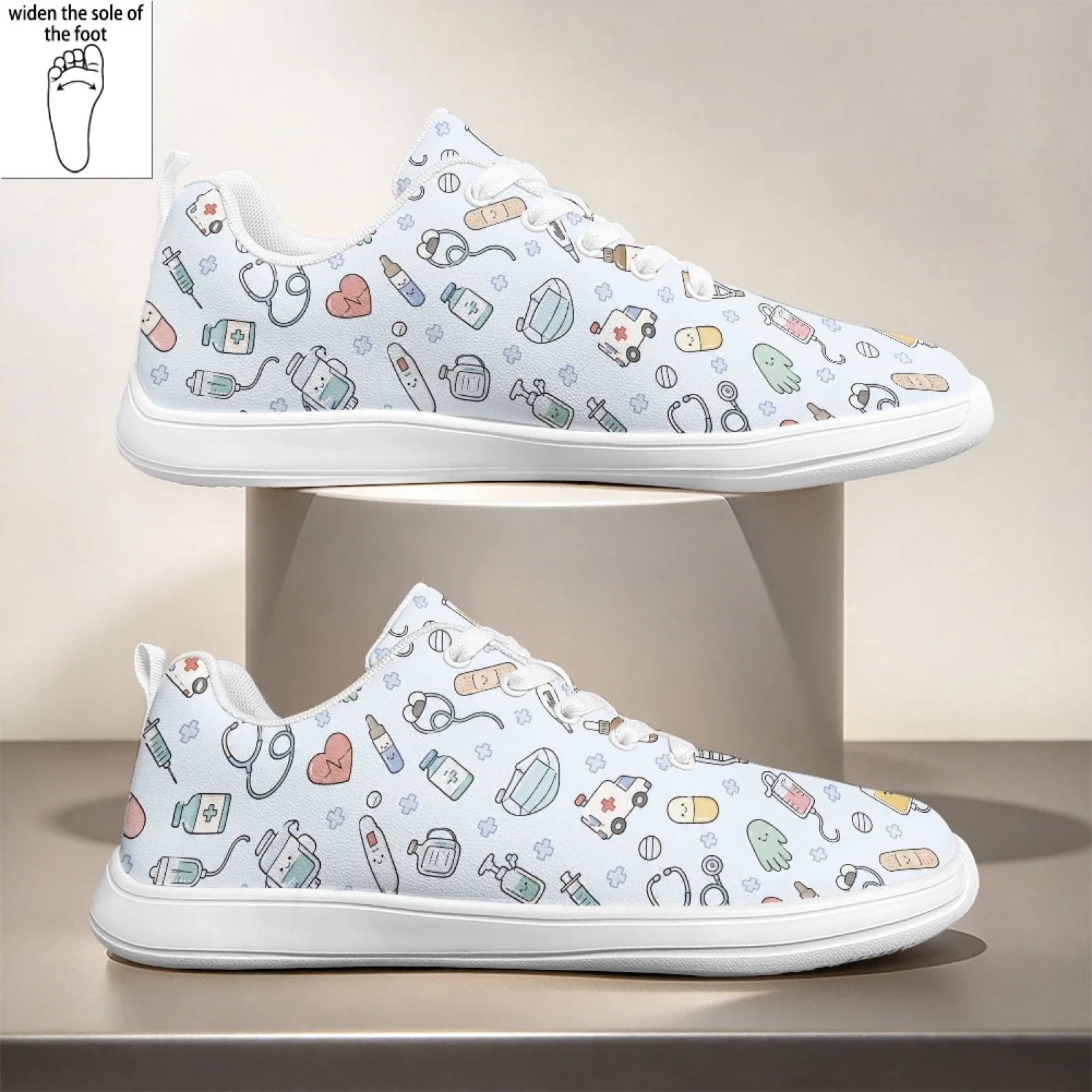 PENSTROLL Lace-Up Nurse Shoes Low Top Versatile Hospital Work Shoes for Office Women Cute Medical Pattern
