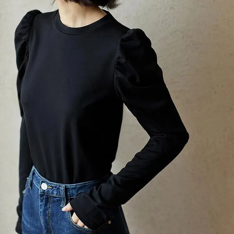 

Женская блузка с пышными рукавами, круглым вырезом, облегающая, с длинными рукавами