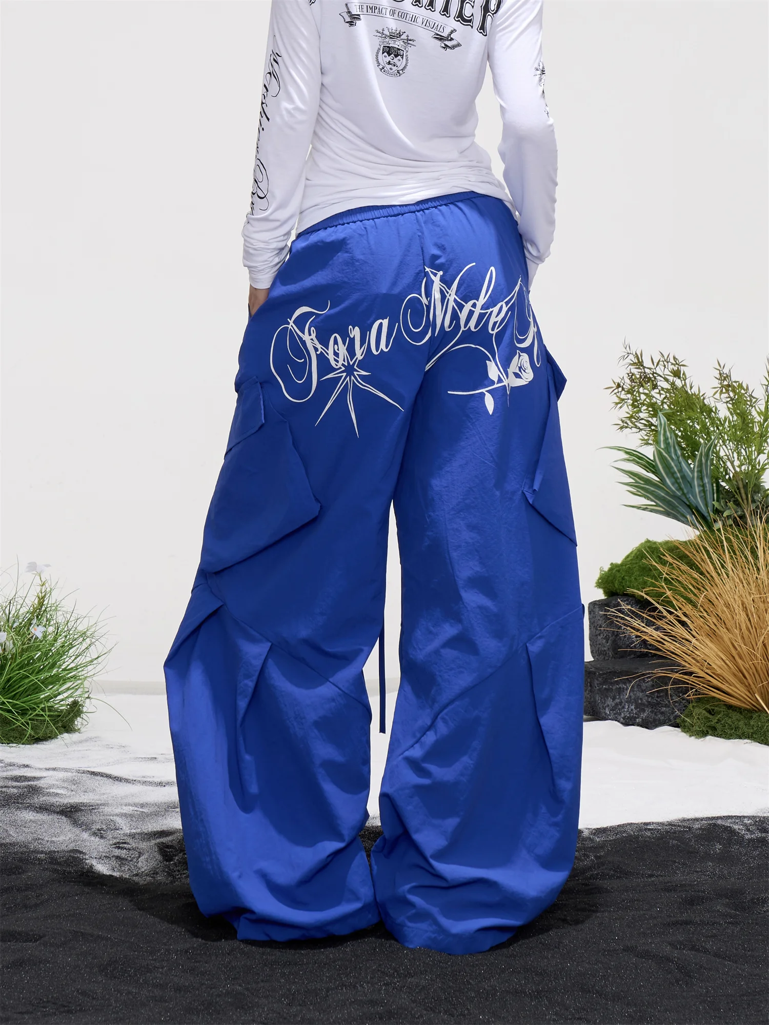 American Retro Letter Print Workwear Wide Leg Pants Women's Multi Pocket Loose Straight Casual Trousers Paratrooper Pants