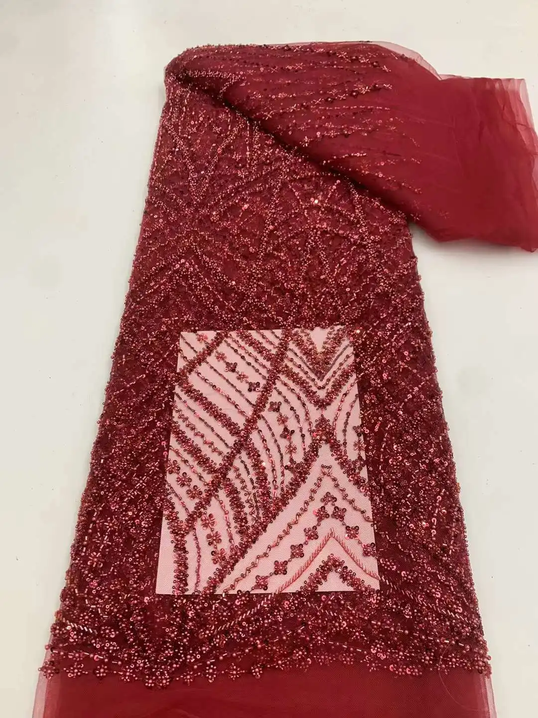 New Arrival Red Color  Popular Embroidered French African Sequins Lace Fabric 13H-9802 For Women Party or Wedding Show Dress