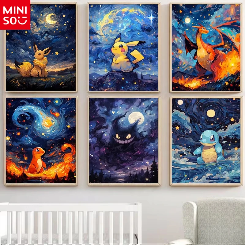 miniso-pintura-a-oleo-por-numeros-pokemon-anime-charizard-pikachu-gengar-eevee-squirtle-sala-de-estar-quarto-bar-decoracao-estetica