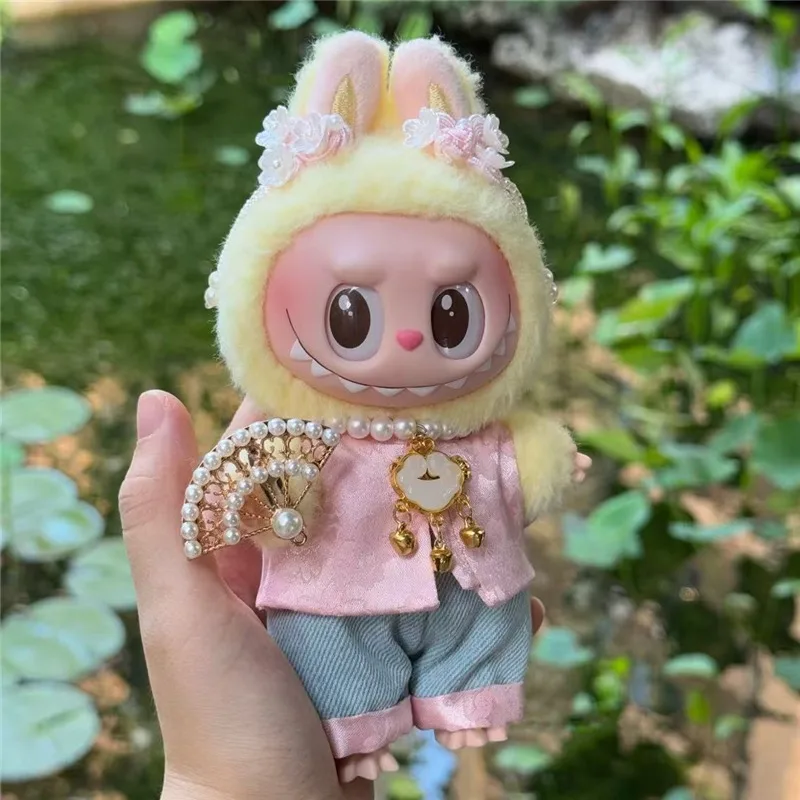 15 17cm para boneca labubu estilo chinês roupas rosa bordado roupa calças conjunto de malha pingente flor acessório de cabelo